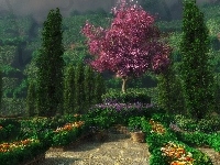 Bordowe, Ogród, Kwiaty, Drzewo