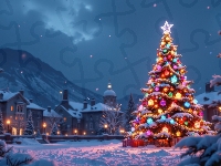 Boże Narodzenie, AI, Góry, Śnieg, Udekorowana, Domy, Zima, Choinka