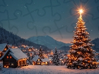 Domy, Zima, Las, Góry, Wieś, Noc, Boże Narodzenie, Ośnieżone, Gwiazda, Choinki
