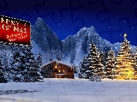Góry, Boże Narodzenie, Grafika, Dom, Zima, Choinki, Święta