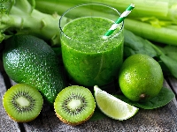 Brokuł, Owocowo-warzywny, Sok, Szklanka, Awokado, Limonka, Deski, Słomka, Kiwi