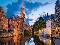 Dzwonnica, Rzeka, Wieża Belfort, Belgia, Domy, Kanał, Brugia
