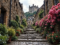 Kwiaty, Uliczka, Domy, Brukowana, AI, Schody