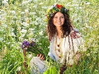 Łąka, Trawa, Uśmiechnięta, Brunetka, Kwiaty