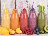 Koktajle, Brzoskwinie, Maliny, Butelki, Kiwi, Owocowe, Borówki, Banan