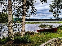 Brzozy, Jezioro, Łódź, Trawa