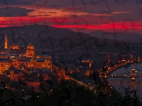 Budapeszt, Zamek Królewski, Zachód słońca, Rzeka Dunaj, Węgry, Most