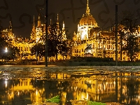 Budapeszt, Parlament, Oświetlony, Pomnik konny Franciszka II Rakoczego, Węgry, Noc