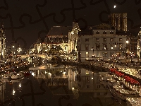 Most, Miasto, Kanał, Budynki, Belgia, Nocą, Deptak