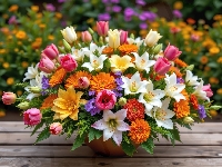 Wazon, Kwiaty, Aksamitki, Bukiet, Lilie, Tulipany, Stół