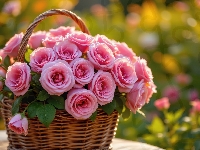 Różowe, Bukiet, Róże, Koszyk, Wiklinowy