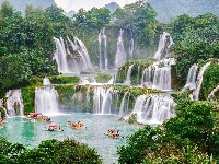 Cao Bang, Łodzie, Wodospad Ban Gioc Waterfall, Jezioro, Wietnam, Rzeka