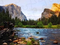 Stan Kalifornia, Szczyt El Capitan, Rzeka, Park Narodowy Yosemite, Las, Stany Zjednoczone, Góry, Kamienie