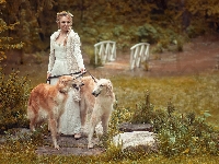 Kobieta, Dwa, Blondynka, Charty rosyjskie borzoj, Psy