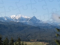 Chmura, Las, śnieg, Góry, Drzewo, Niebo