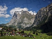 Chmury, Alpy, Grindelwald, Góry, Łąki, Wioska