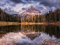 Jezioro, Jesień, Antorno Lake, Włochy, Drzewa, Chmury, Góry, Odbicie, Alpy, Dolomity