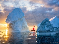 Grenlandia, Żaglówka, Góry lodowe, Wschód słońca, Dania, Chmury