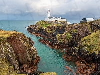 Hrabstwo Donegal, Irlandia, Portsalon, Latarnia morska, Fanad Head Lighthouse, Chmury, Morze, Skały