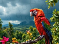 Ciemne, Ptak, Konar, Grafika AI, Ara, Papuga, Chmury