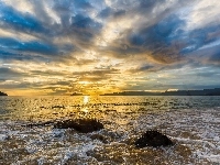 Galicja, Morze, Chmury, Plaża Playa de Coira, Hiszpania, Portosin, Wschód słońca