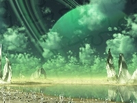 Chmury, Fantasy, Rzeka, Planeta