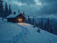 Droga, Zima, Śnieg, Chmury, Dom, Drzewa, Góry