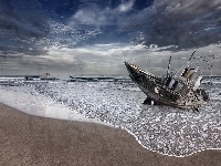 Chmury, Morze, Statek, Plaża