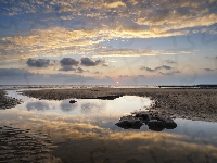 Świt, Plaża, Walia, Dunraven Bay, Wschód słońca, Chmury