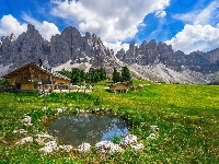 Dolomity, Dom, Drzewa, Góry, Włochy, Park krajobrazowy Puez Odle, Chmury