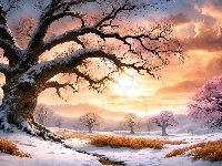 Mgła, Zima, Wschód słońca, Paintography, Drzewa, Góry, Chmury
