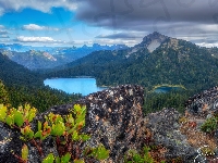 Waszyngton, Stany Zjednoczone, William O Douglas Wilderness, Las, Drzewa, Chmury, Góry, Jezioro