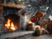 Boże Narodzenie, Bombki, Choinka, Grafika AI, Kominek
