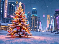 Miasto, Zima, Wieżowce, Choinka, Boże Narodzenie