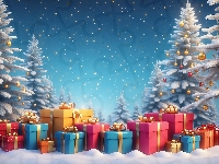 Prezenty, Zima, Grafika, Boże Narodzenie, Padajacy, Choinki, Drzewo, Śnieg, Bombki, Kolorowe