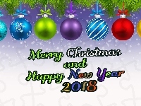 Merry Christmas, 2018, Bombki, Napis, Happy New Year