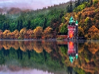 Drzewa, Lass, Jesień, Hrabstwo Powys, Jezioro Lake Vyrnwy, Wieża ciśnień, Walia, Budowla
