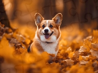 Pies, Liście, Welsh corgi pembroke, Grafika, Jesień