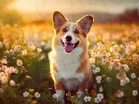 Pies, Spojrzenie, Welsh corgi pembroke, Łąka, Kwiaty
