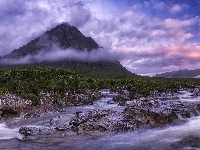 Chmury, Góra, Kamienie, Szkocja, Szczyt Buachaille Etive Mor, Rzeka Coupall