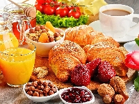 Pomarańczowy, Filiżanka, Orzechy, Sok, Szklanka, Miód, Śniadanie, Kawa, Tulipany, Croissanty, Rogaliki, Truskawki