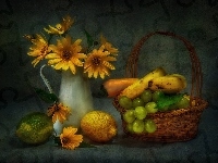 Kwiaty, Cytryny, Banany, Dzbanek, Koszyk, Kompozycja, Owoce, Winogrona