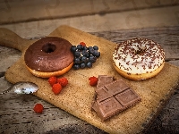 Deska, Donuty, Pączki, Czekolada, Łyżeczka, Owoce