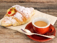 Talerzyk, Croissant, Kawa, Czerwona, Łyżeczka, Filiżanka