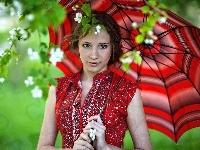 Czerwona, Parasolka, Dziewczyna, Modelka, Bluzka