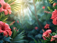 Hibiskus, Czerwone, Kwiaty, Grafika, Liście