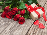 Czerwone, Prezent, Bukiet kwiatów, Róże, Serca