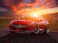 Samochód, Nissan Gtr35, Czerwony, Zachód Słońca, Droga