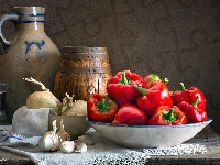 Czosnek, Warzywa, Kompozycja, Papryka, Dzbanek, Beczułka, Serweta, Cebula, Kieliszek