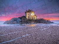 Senhor da Pedra, Portugalia, Kościół, Zachód słońca, Morze, Praia de Miramar, Skały